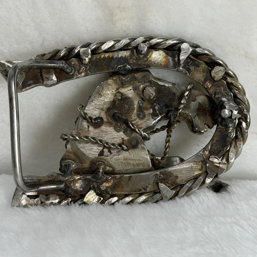 VTG Artisan 3D Horse‎ Horseshoe Belt Buckle Silver Tone Western Equestrian